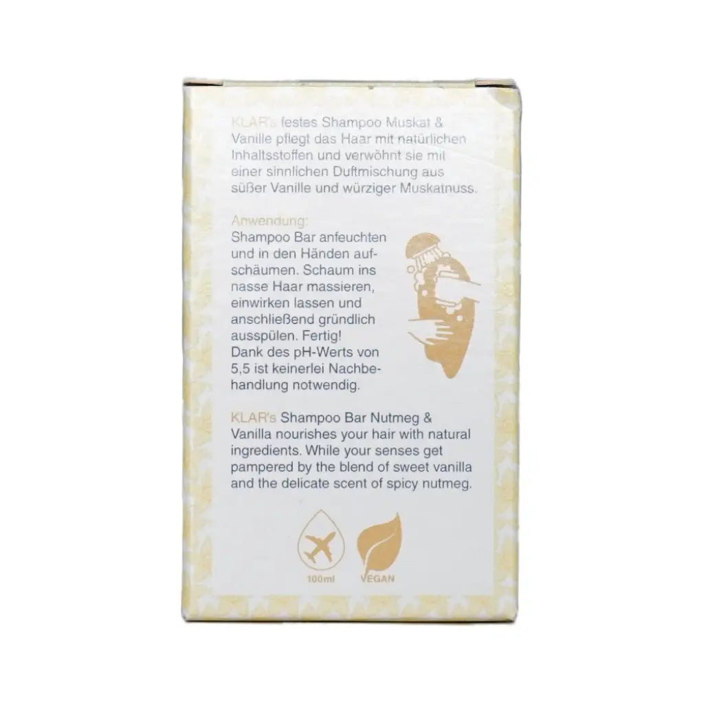 Muskat & Vanille Festes Shampoo | 100 gr | Klar Seifen | V Welt