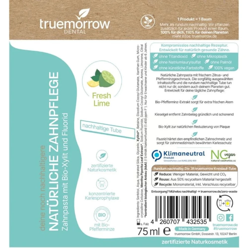 Zahnpasta mit Bio-Xylit und Fluorid | Fresh Lime | 75 ml | truemorrow | V Welt